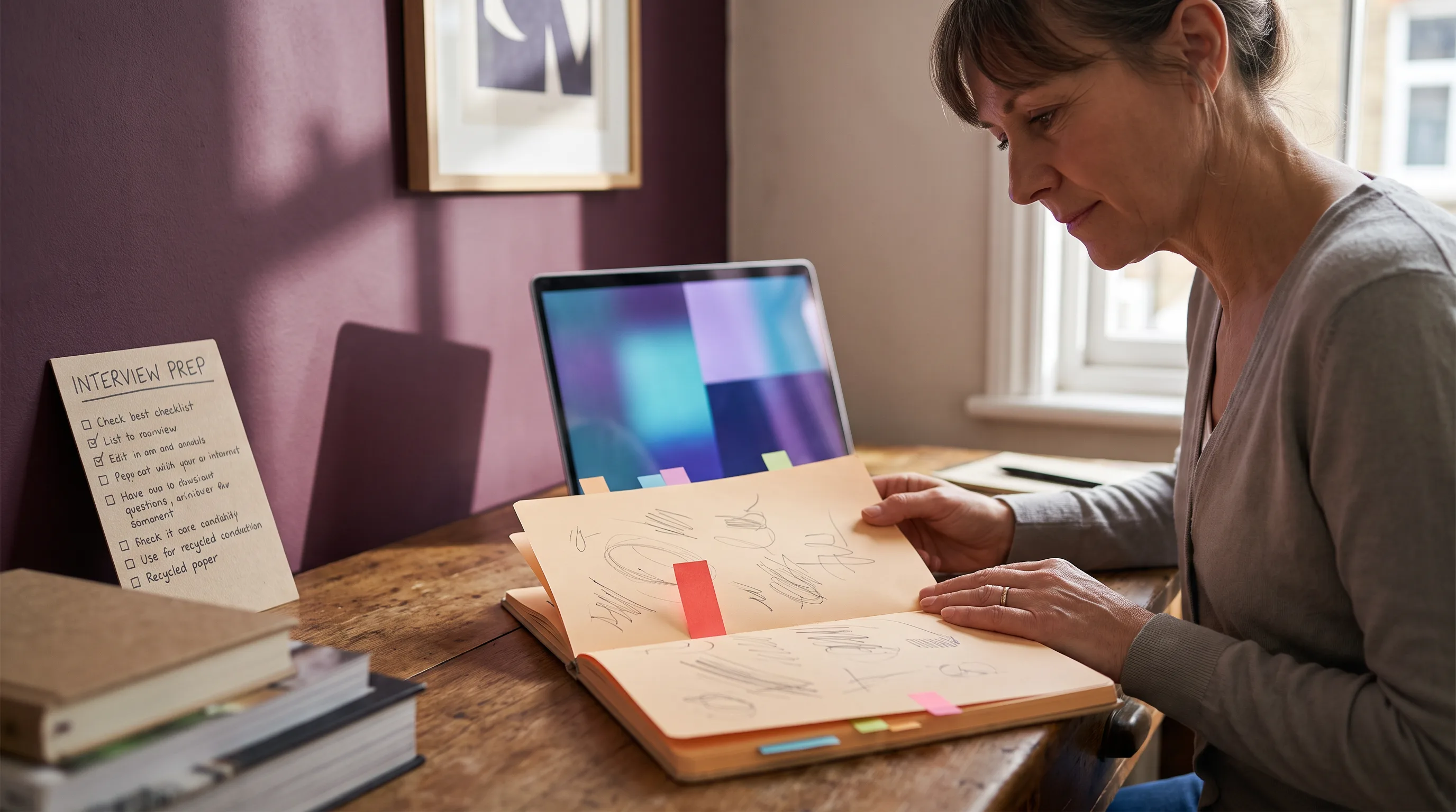 Adult reviewing a generic campaign planning notebook at a home workspace