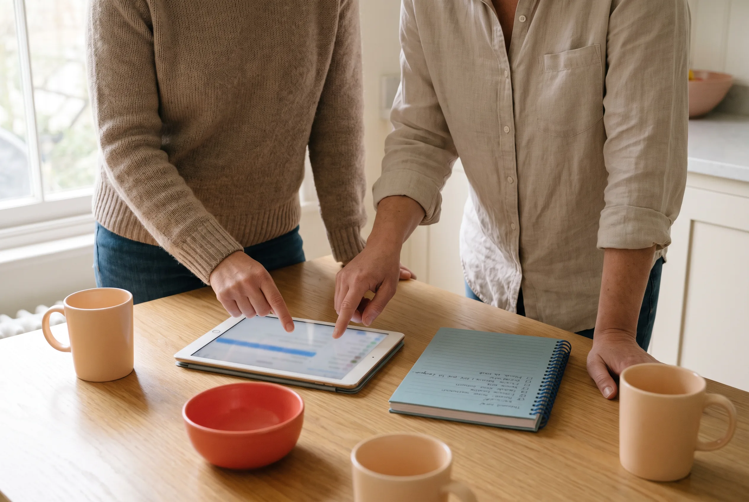Two adults reviewing privacy choices on a generic tablet