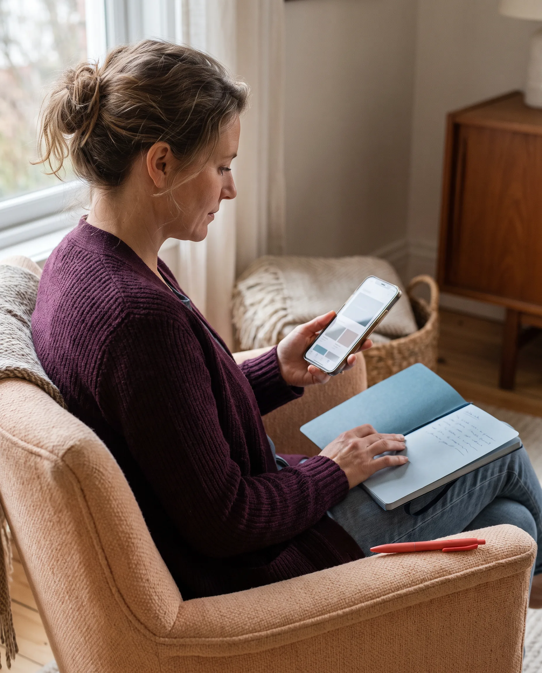 Adult reviewing device choices from a comfortable chair