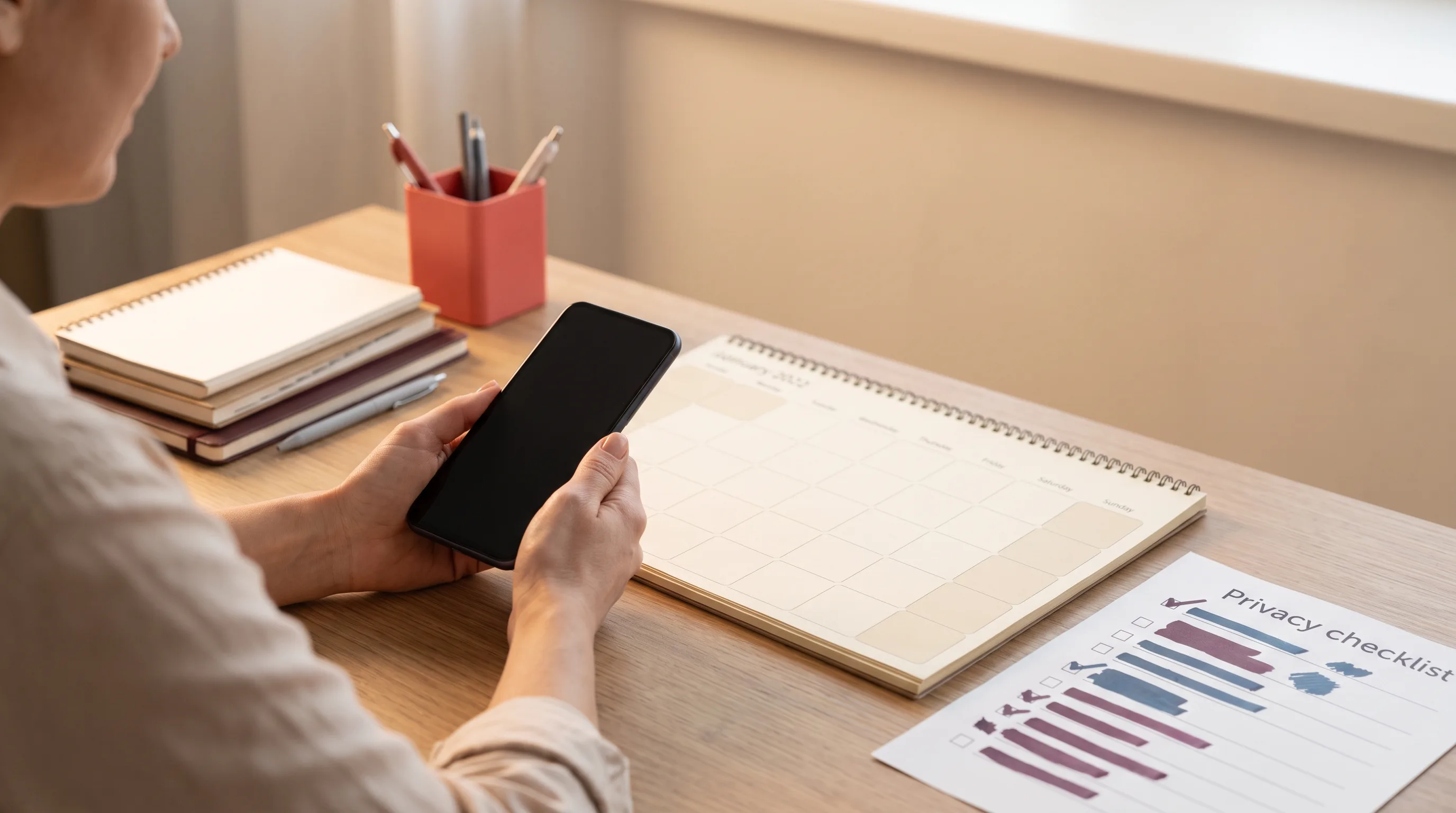 Adult considering a phone alongside an organised privacy workspace