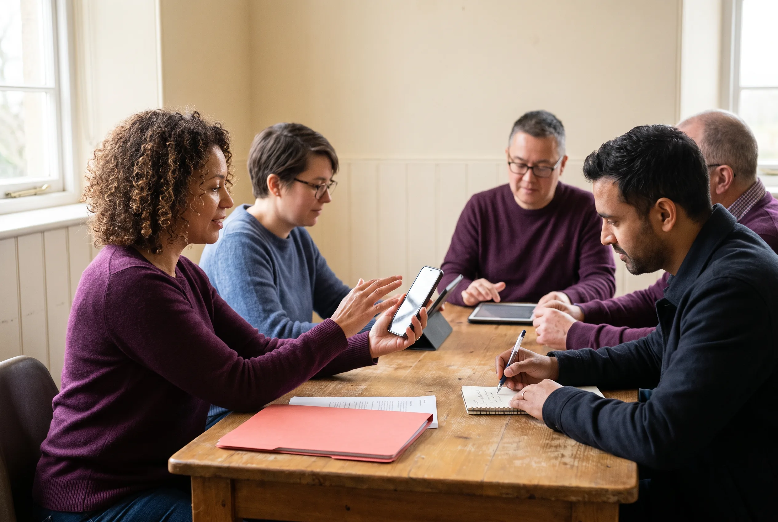 Adults discussing community technology choices around a table