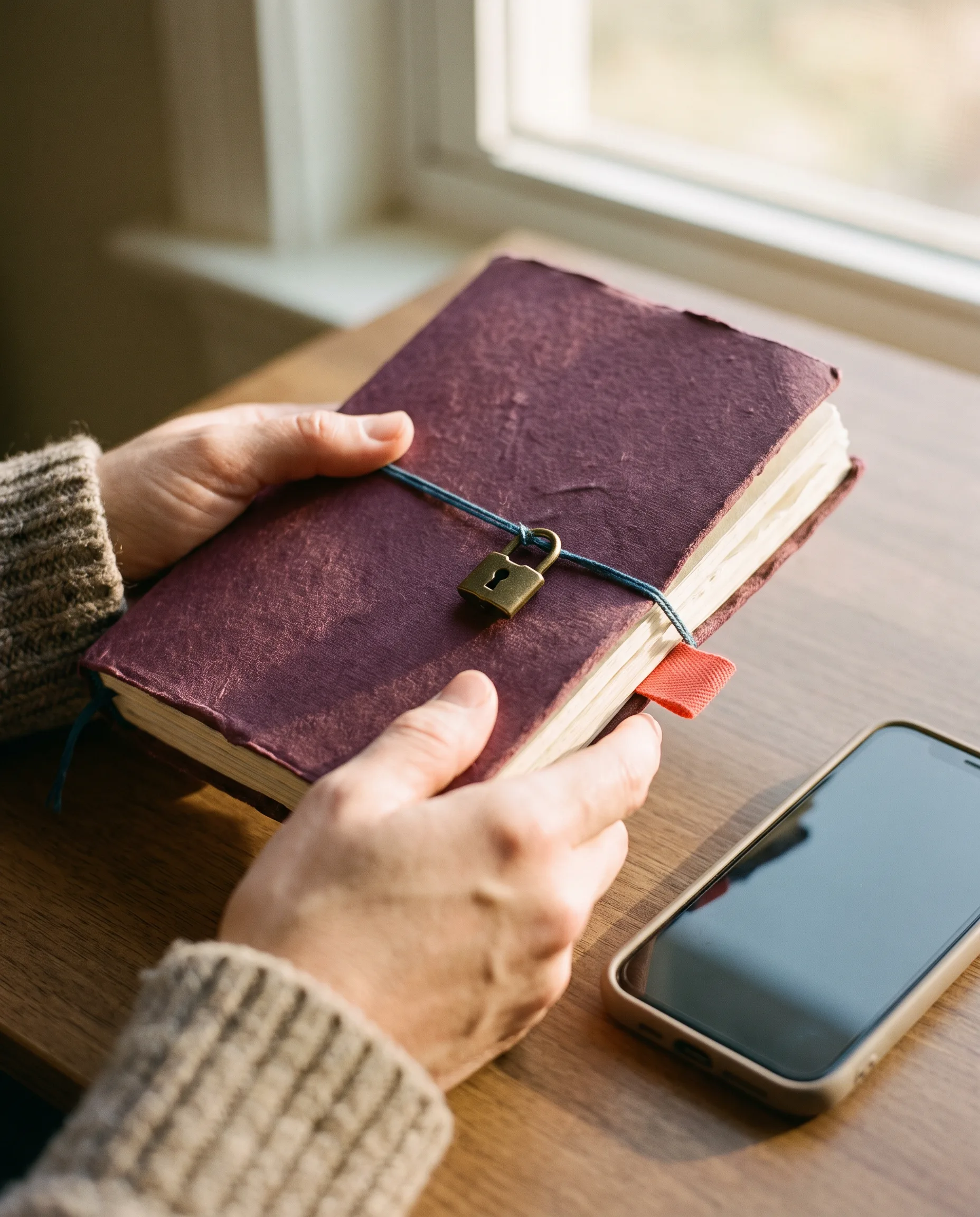 Hands closing a locked notebook beside a generic phone